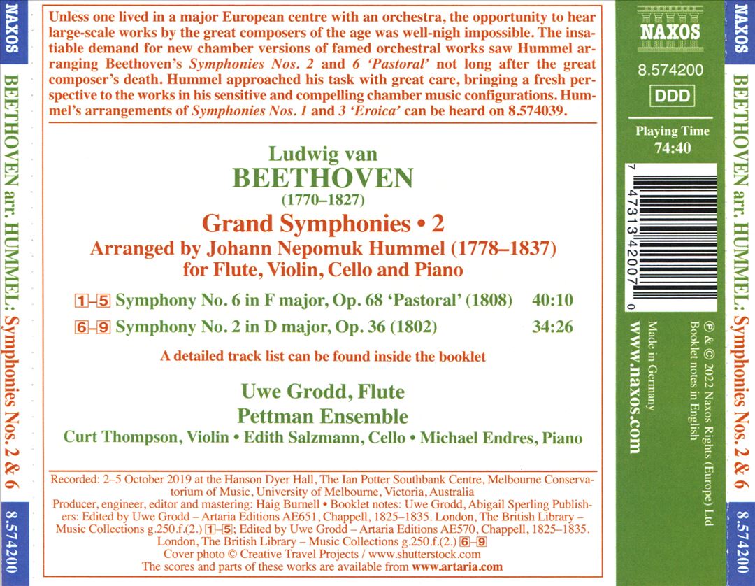 Beethoven: Grand Symphonies, Vol. 2 arr. Hummel for Flute, Violin, Cello and Piano cover art