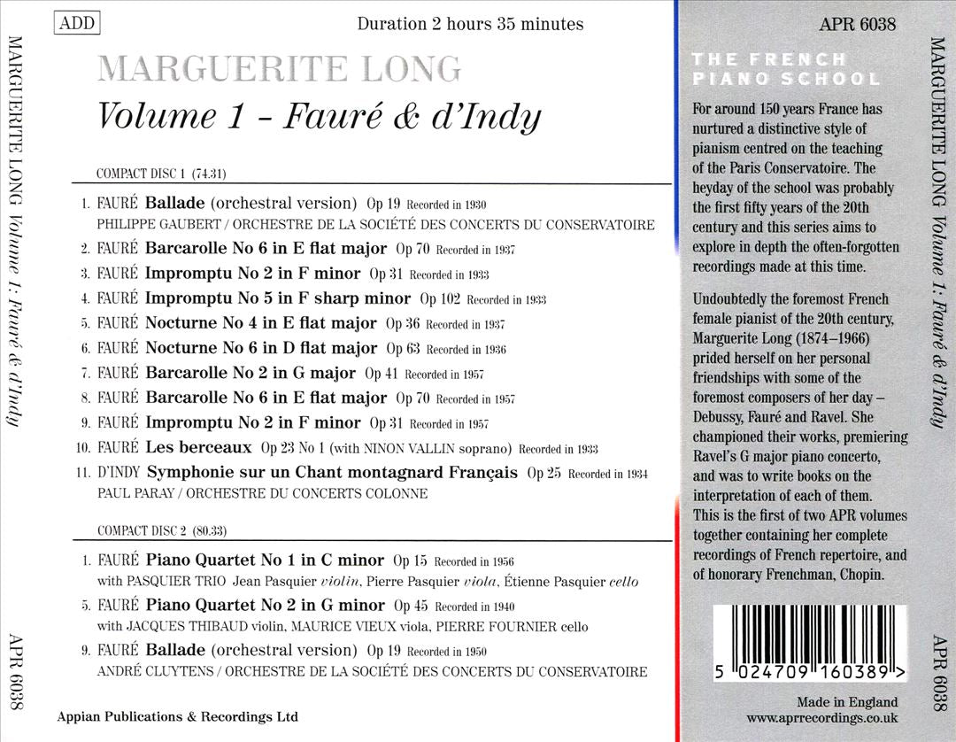 French Piano School: Marguerite Long, Vol. 1 - Fauré & d'Indy cover art