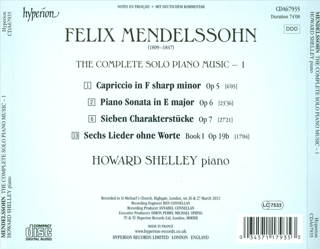 Mendelssohn: The Complete Solo Piano Music, Vol. 1 cover art