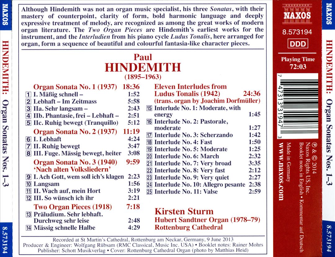 Hindemith: Organ Sonatas Nos. 1-3; Eleven Interludes from Ludus Tonalis; Two Organ Pieces cover art