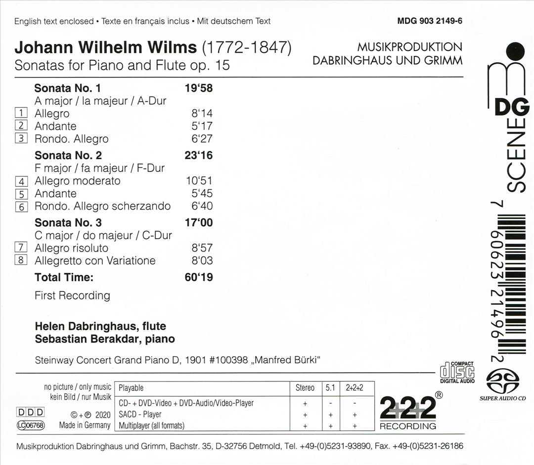 Johann Wilhelm Wilms: Sonatas for Piano and Flute Op. 15 cover art