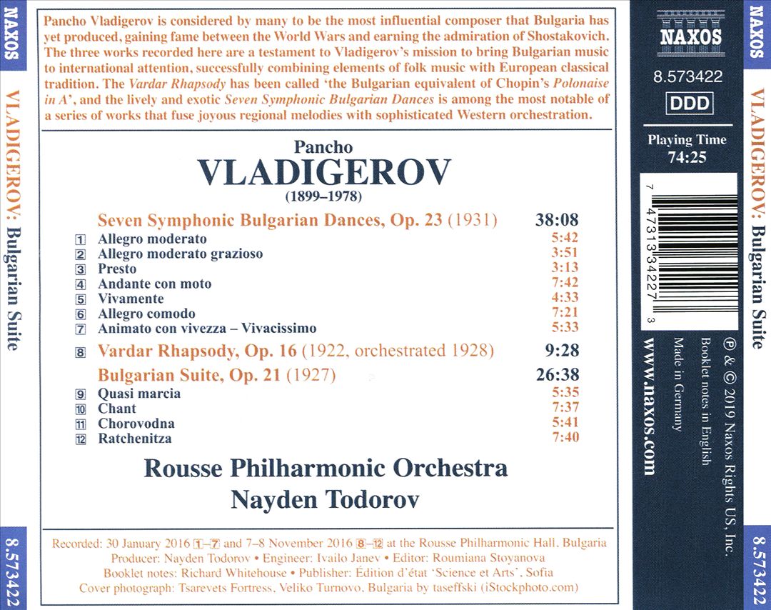 Vladigerov: Bulgarian Suite; Seven Symphonic Bulgarian Dances; Vardar Rhapsody cover art