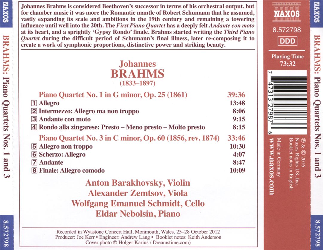 Brahms: Piano Quartets Nos. 1 and 3 cover art