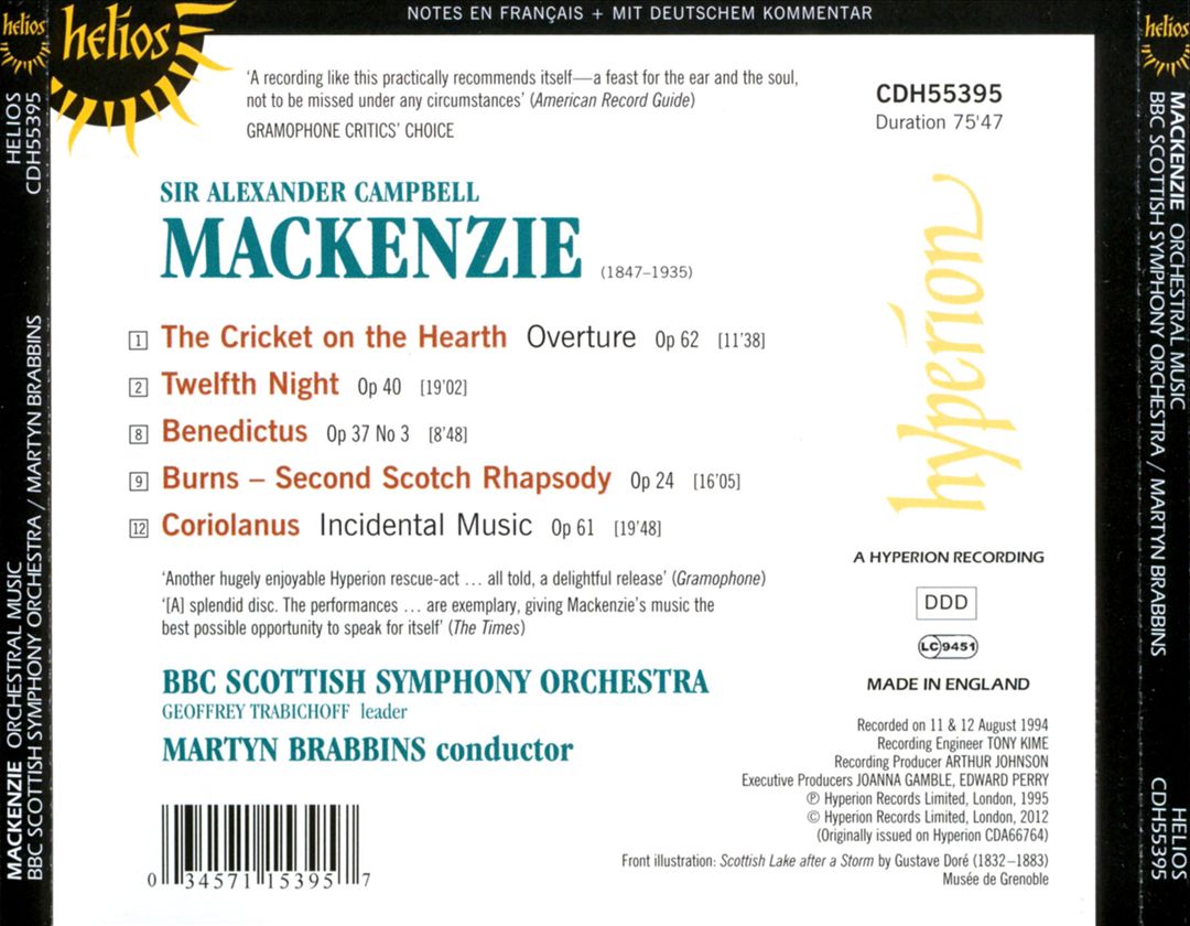 Alexander Mackenzie: The Cricket on the Hearth Overture; Music for Coriolanus; Benedictus; Twelfth Night cover art