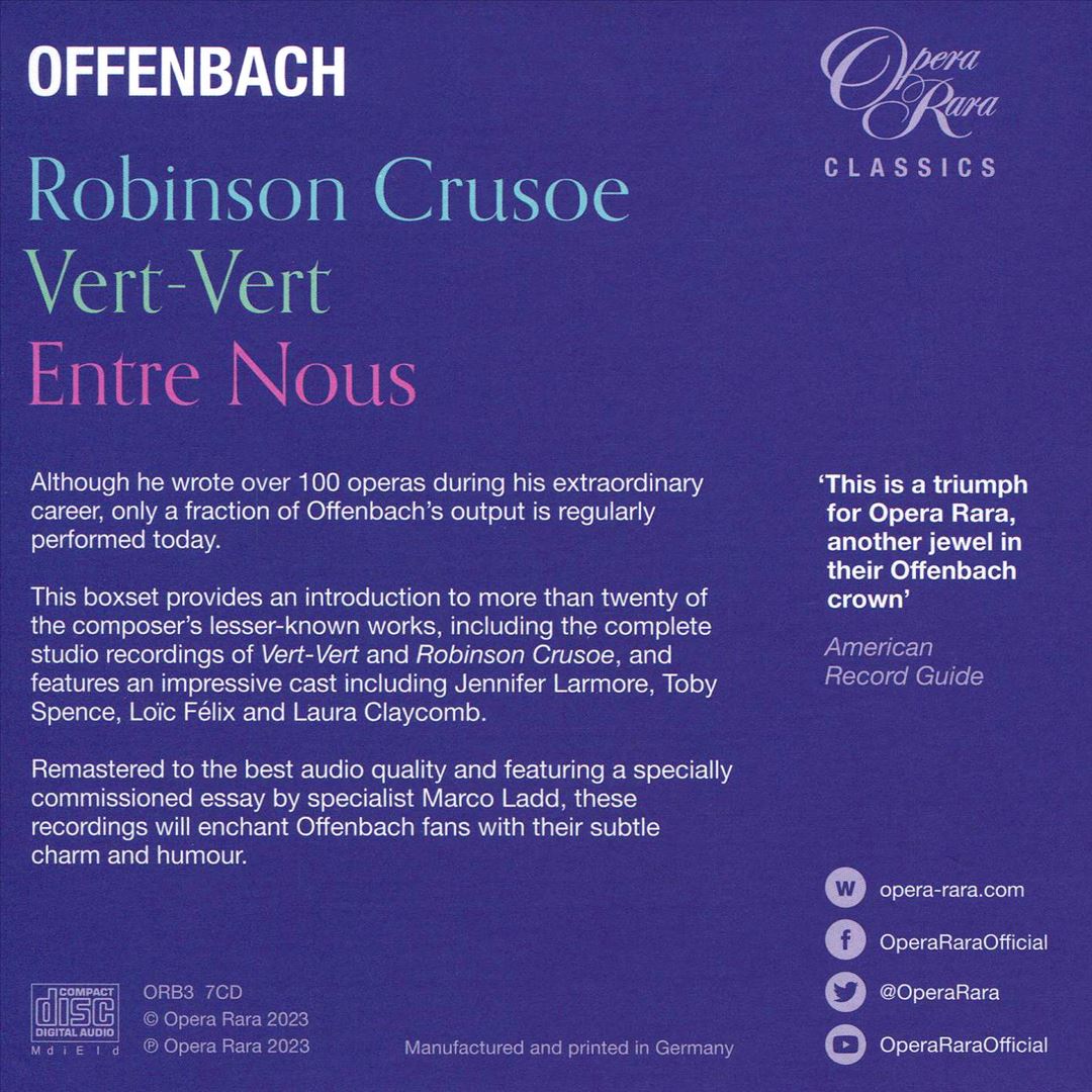 Celebrating Offenbach: Robinson Crusoe, Vert-Vert, Entre Nous cover art
