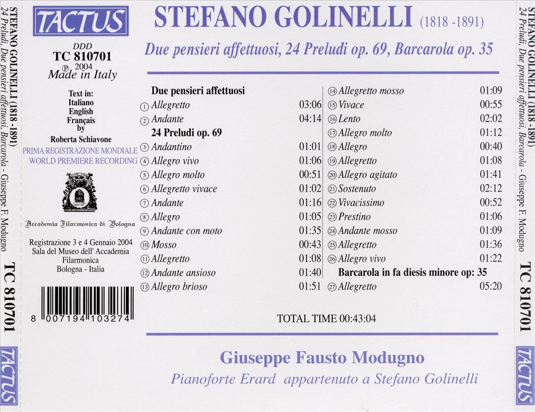 Stefano Golinelli: Due pensieri affetuosi; 24 Preludi op. 69; Barcarola op. 35 cover art