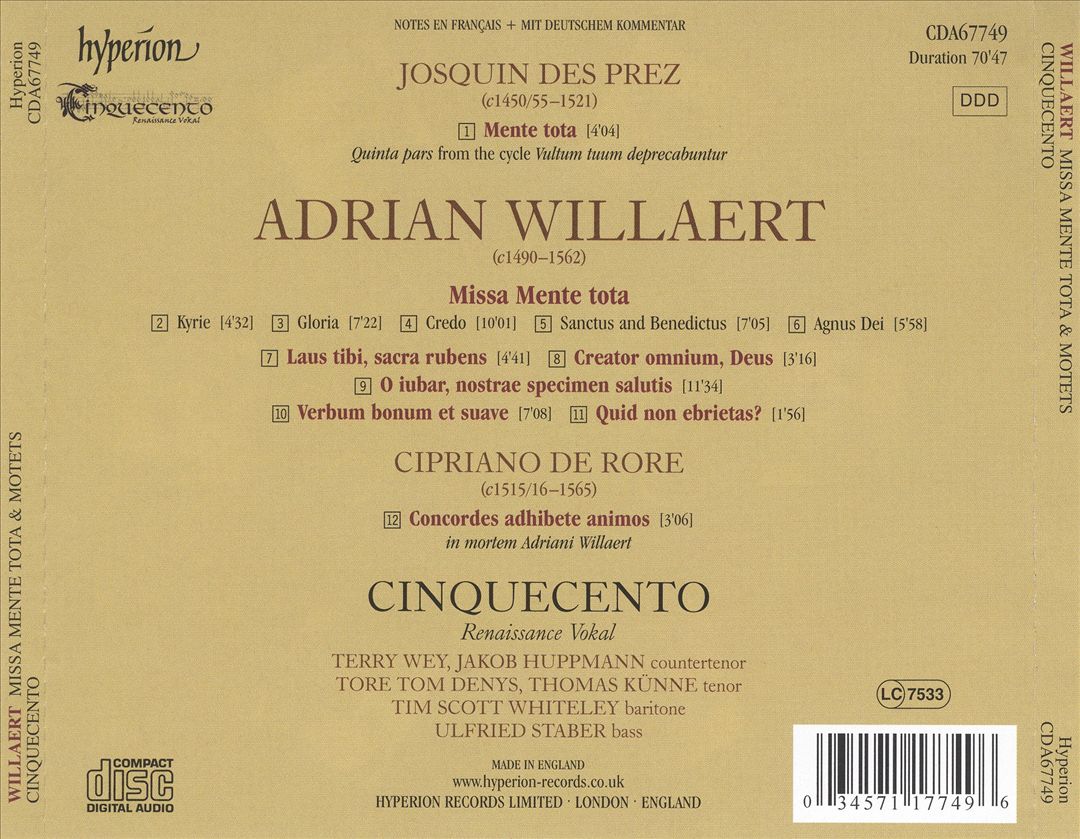 Adrian Willaert: Missa Mente tota; Motets cover art