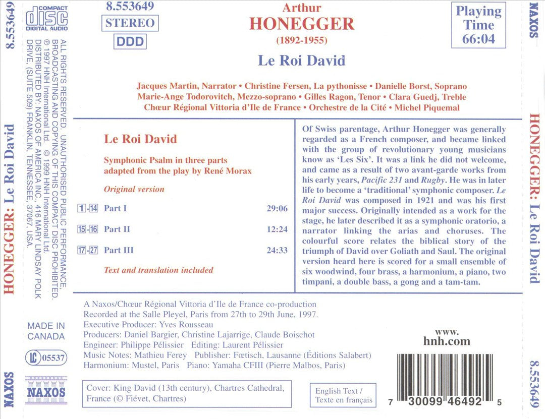 Honegger: Le Roi David (Original version) cover art