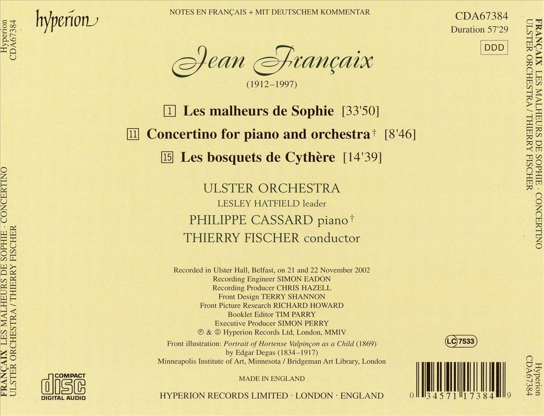 Jean Françaix: Concertino for piano and orchestra; Les bosquets de Cythère; Les malheurs de Sophie cover art