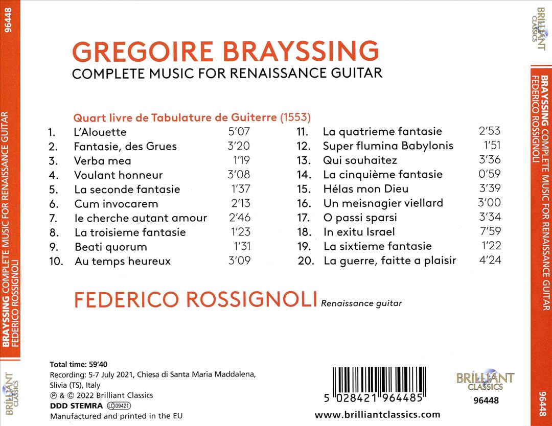 Grégoire Brayssing: Complete Music for Renaissance Guitar cover art