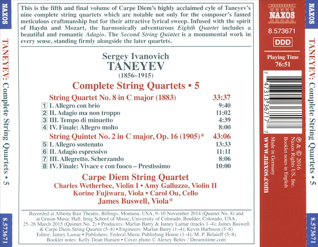 Taneyev: Complete String Quartets, Vol. 5 - String Quartet No. 8, String Quintet No. 2 cover art