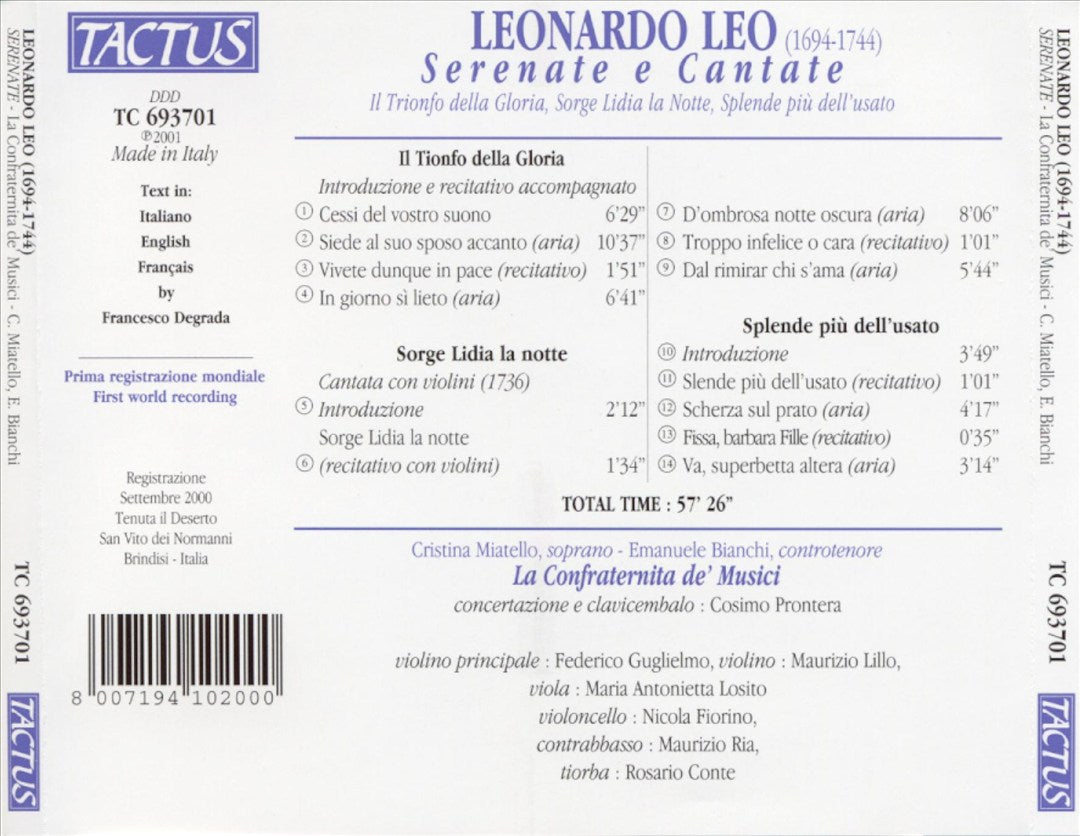 Leonardo Leo: Serenate e Cantate cover art