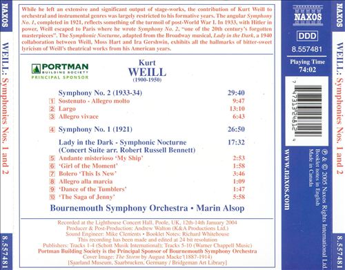 Kurt Weill: Symphonies Nos. 1 & 2; Lady in the Dark - Symphonic Nocturne cover art