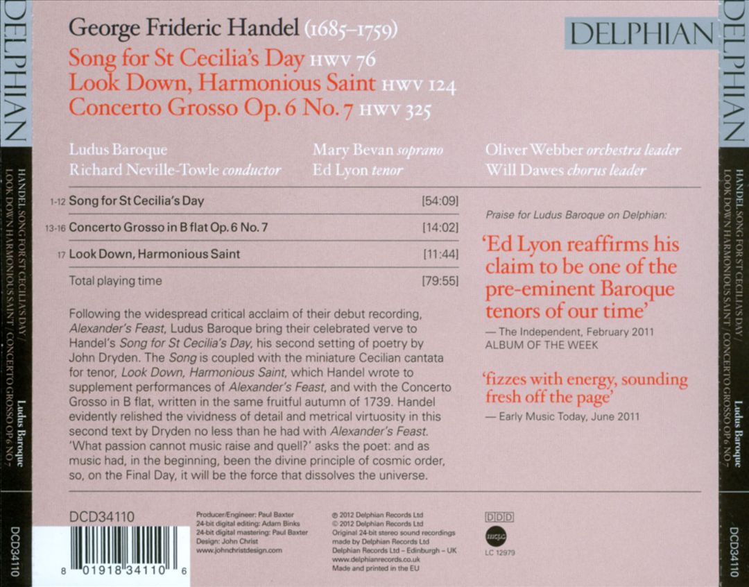 Handel: Song for St Cecilia's Day; Look Down, Harmonious Saint; Concerto Grosso in B flat, Op. 6 No. 7 cover art