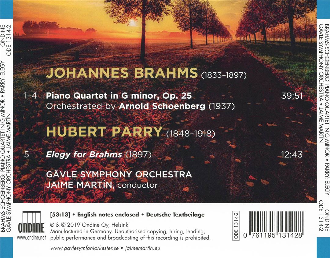 Brahms-Schoenberg: Piano Quartet in G minor; Hubert Parry: Elegy for Brahms cover art
