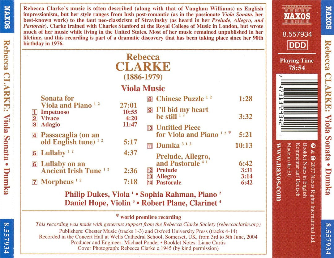 Rebecca Clarke: Viola Sonata; Dumka; Chinese Puzzle; Passacaglia on an Old English Tune cover art