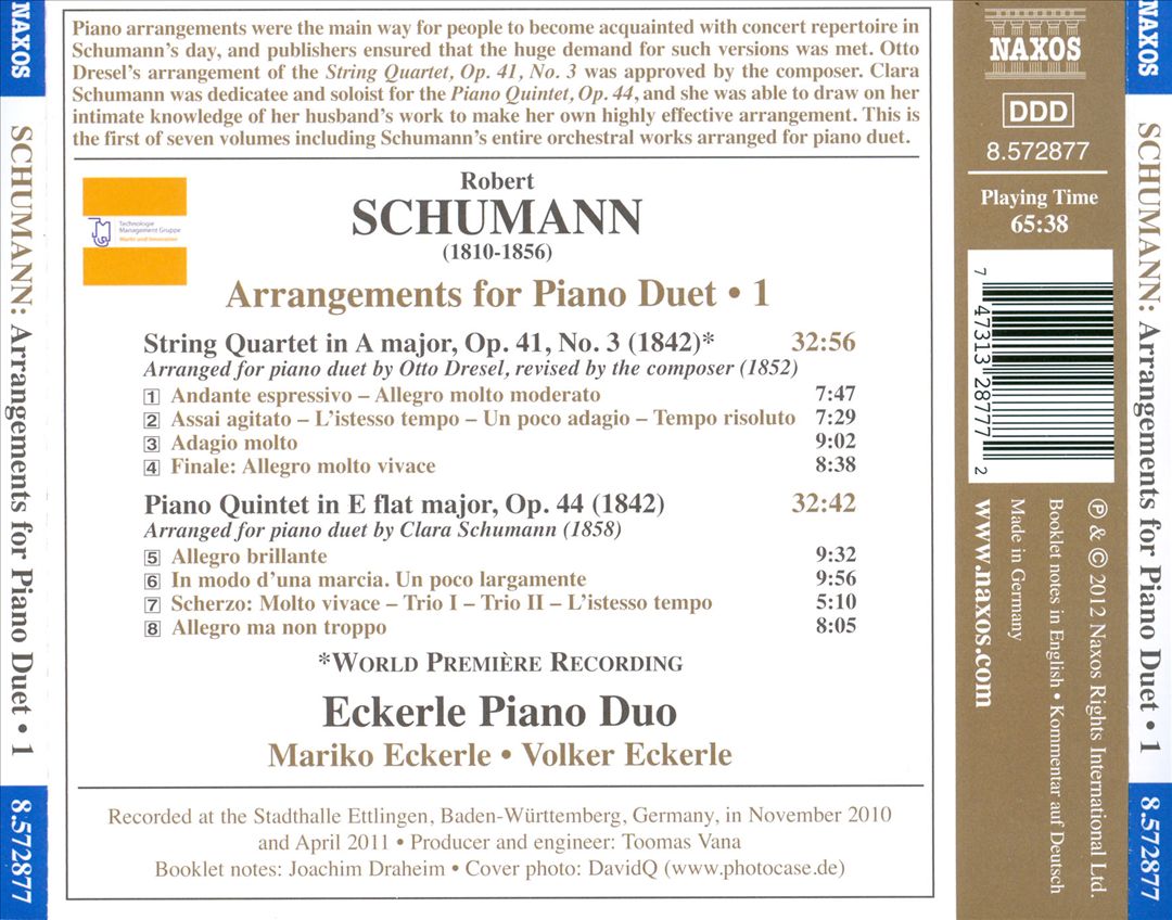 Robert Schumann: Arrangements for Piano Duet, Vol. 1 - String Quartet in A major; Piano Quintet in E flat major cover art