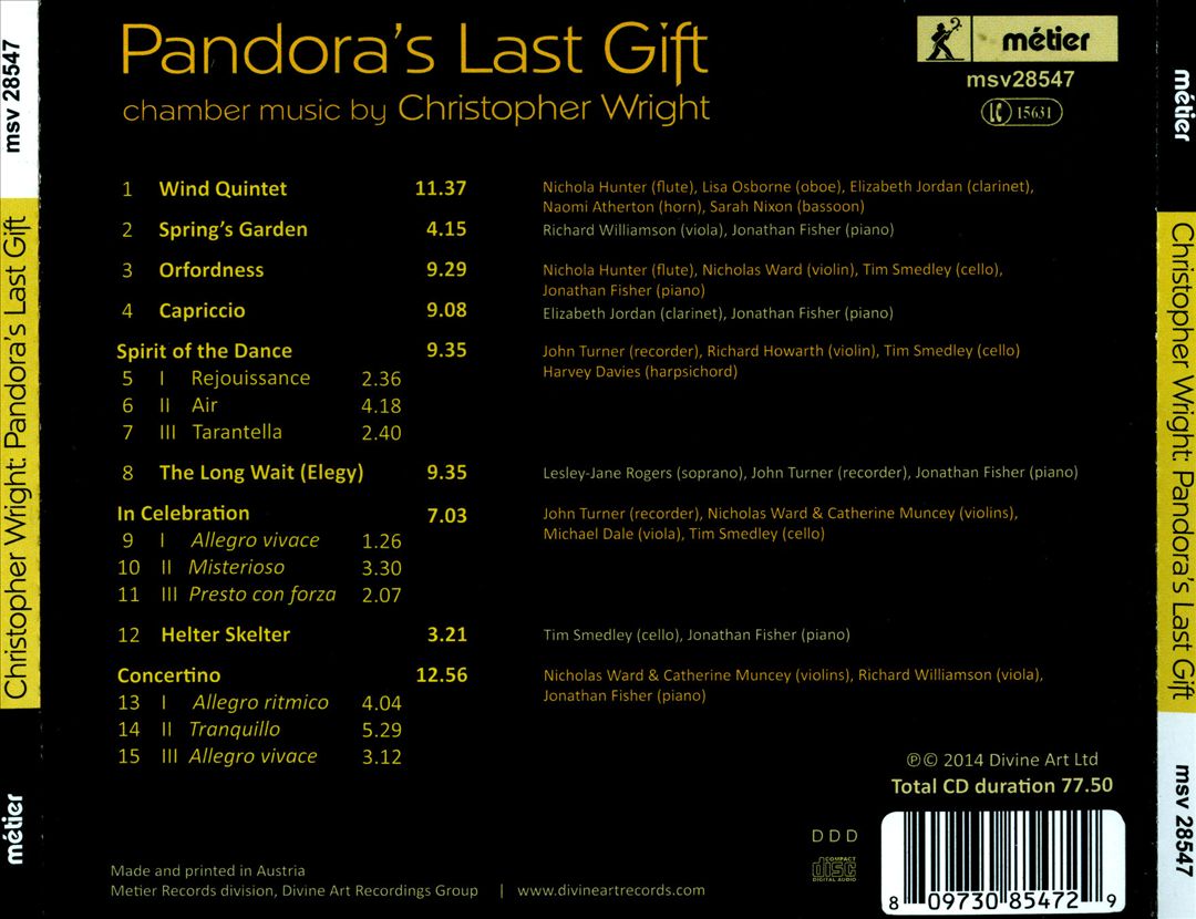 Pandora's Last Gift: Chamber works by Christopher Wright cover art