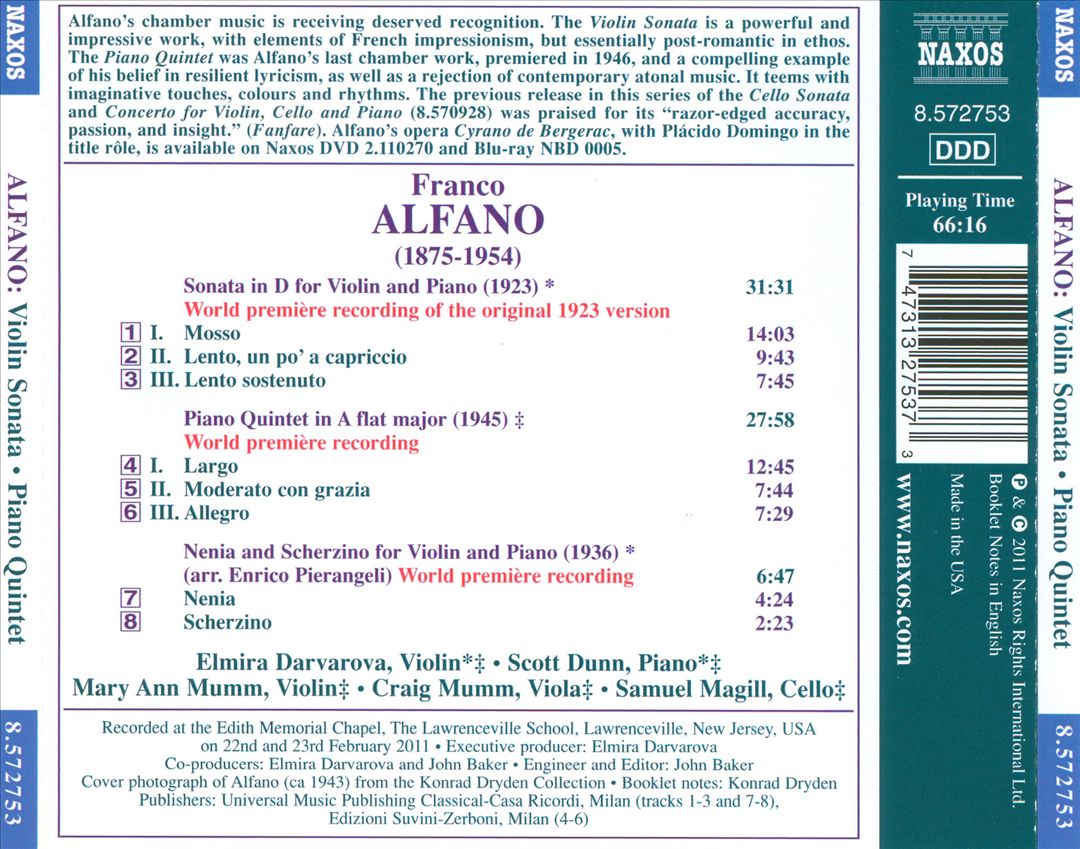 Franco Alfano: Violin Sonata; Piano Quintet; Nenia e Scherzino cover art