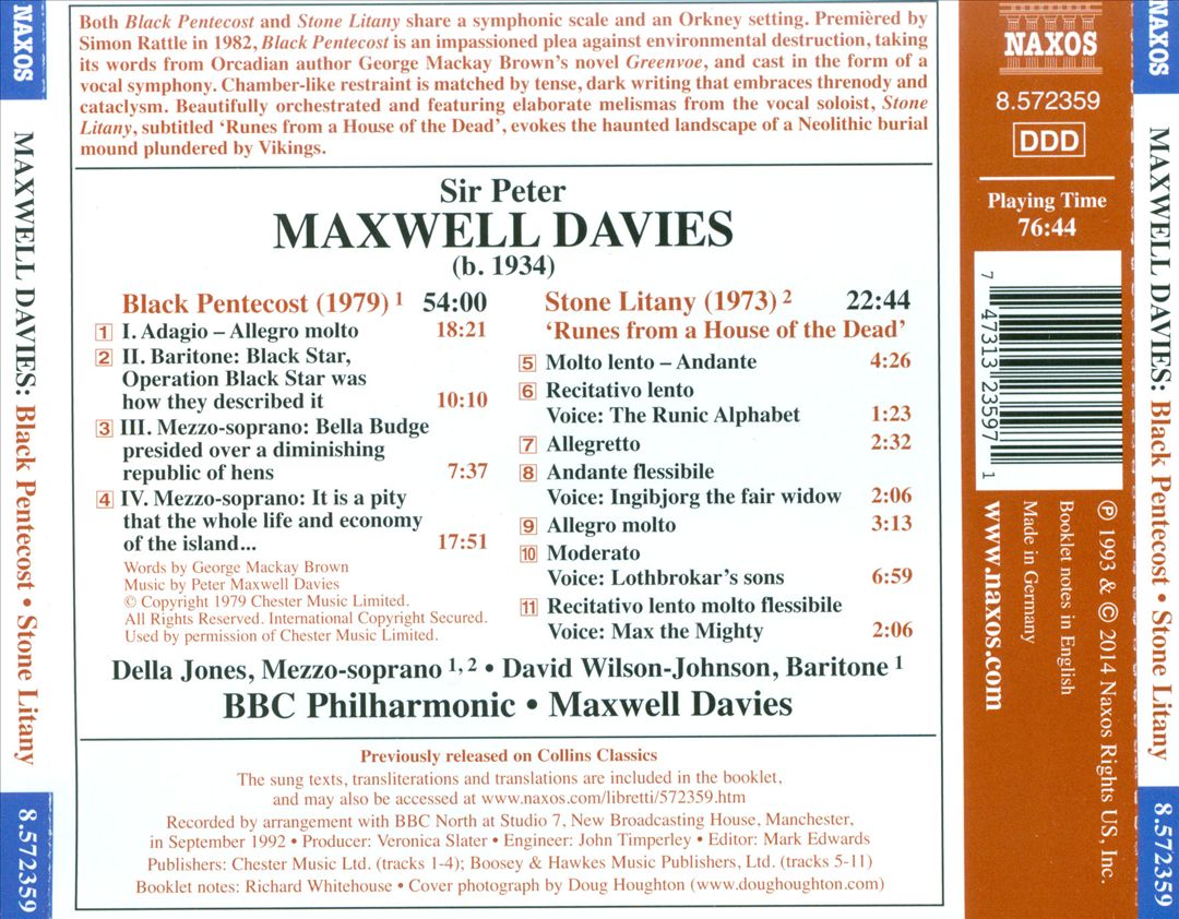Maxwell Davies: Black Pentecost; Stone Litany cover art