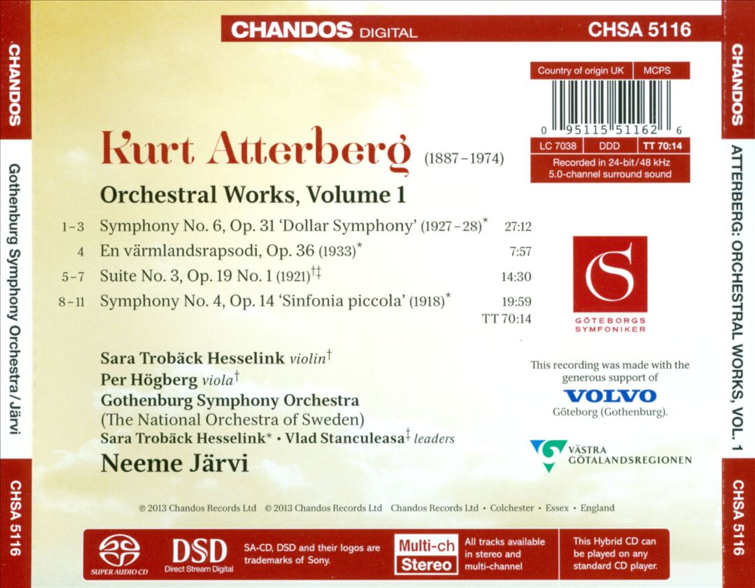Atterberg: Symphony No. 4 'Sinfonia piccola'; Suite No. 3; Symphony No. 6 'Dollar Symphony'; En värmlandsrapsodi cover art