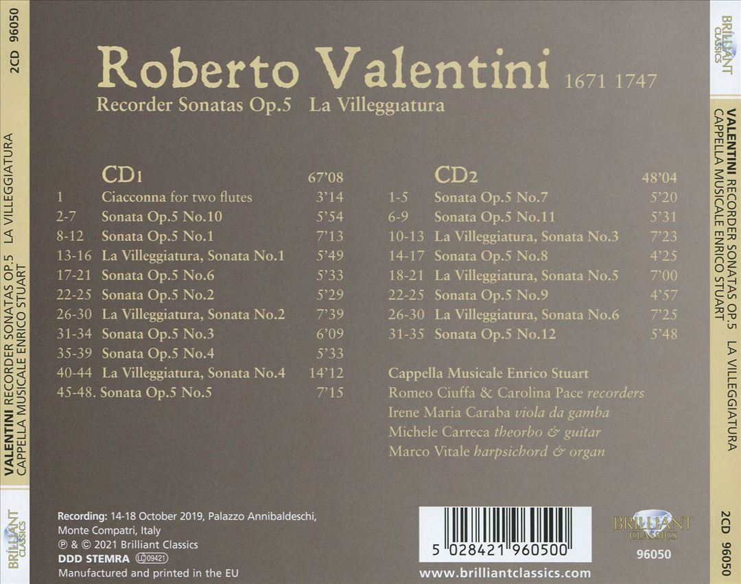 Valentini: Recorder Sonatas, Op. 5; L a Villeggiatura cover art