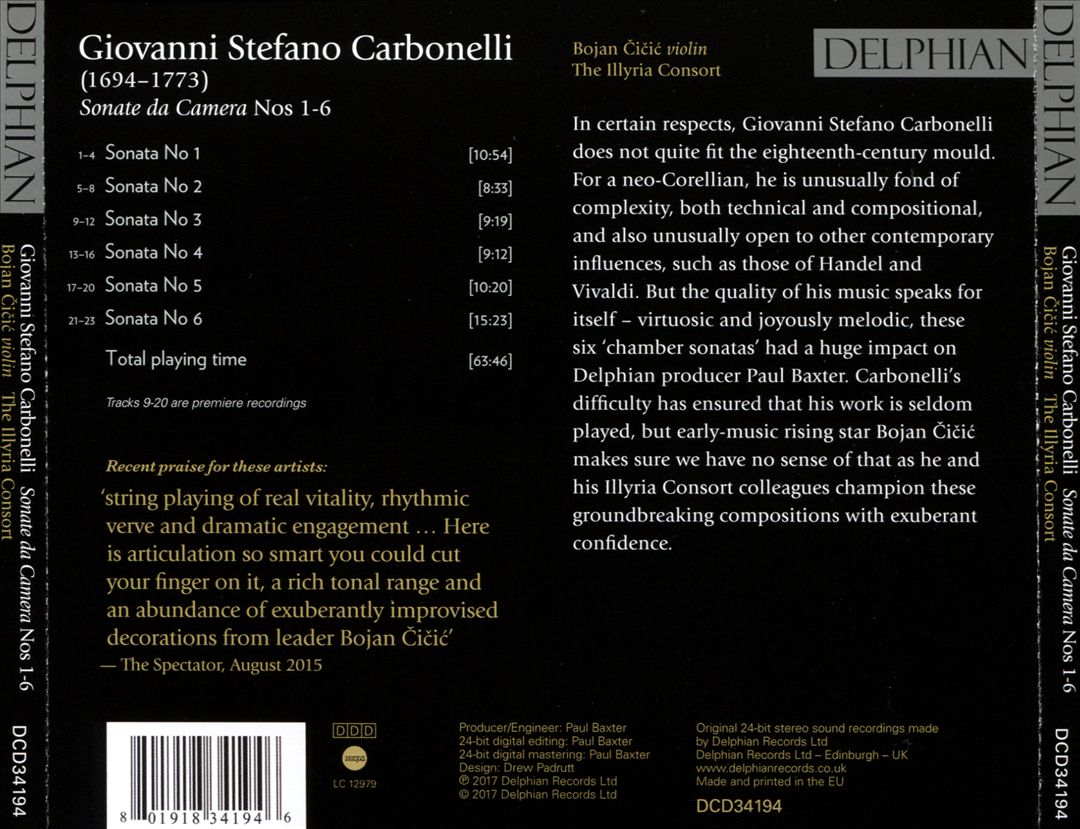 Giovanni Stefano Carbonelli: Sonate da Camera Nos. 1-6 cover art
