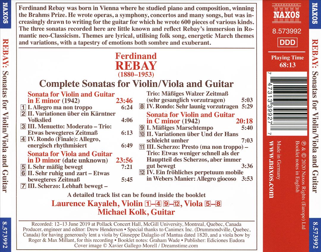 Ferdinand Rebay: Complete Sonatas for Violin/Viola and Guitar cover art