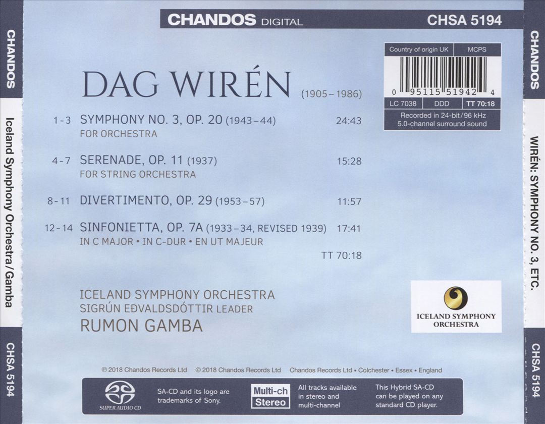 Dag Wirén: Sinfonietta; Serenade for Strings; Symphony No. 3; Divertimento cover art