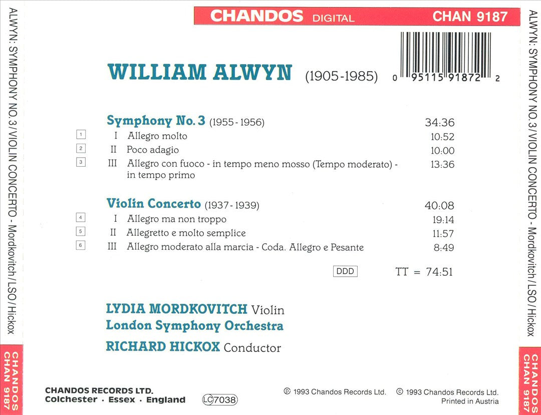 William Alwyn: Symphony No. 3; Violin Concerto cover art