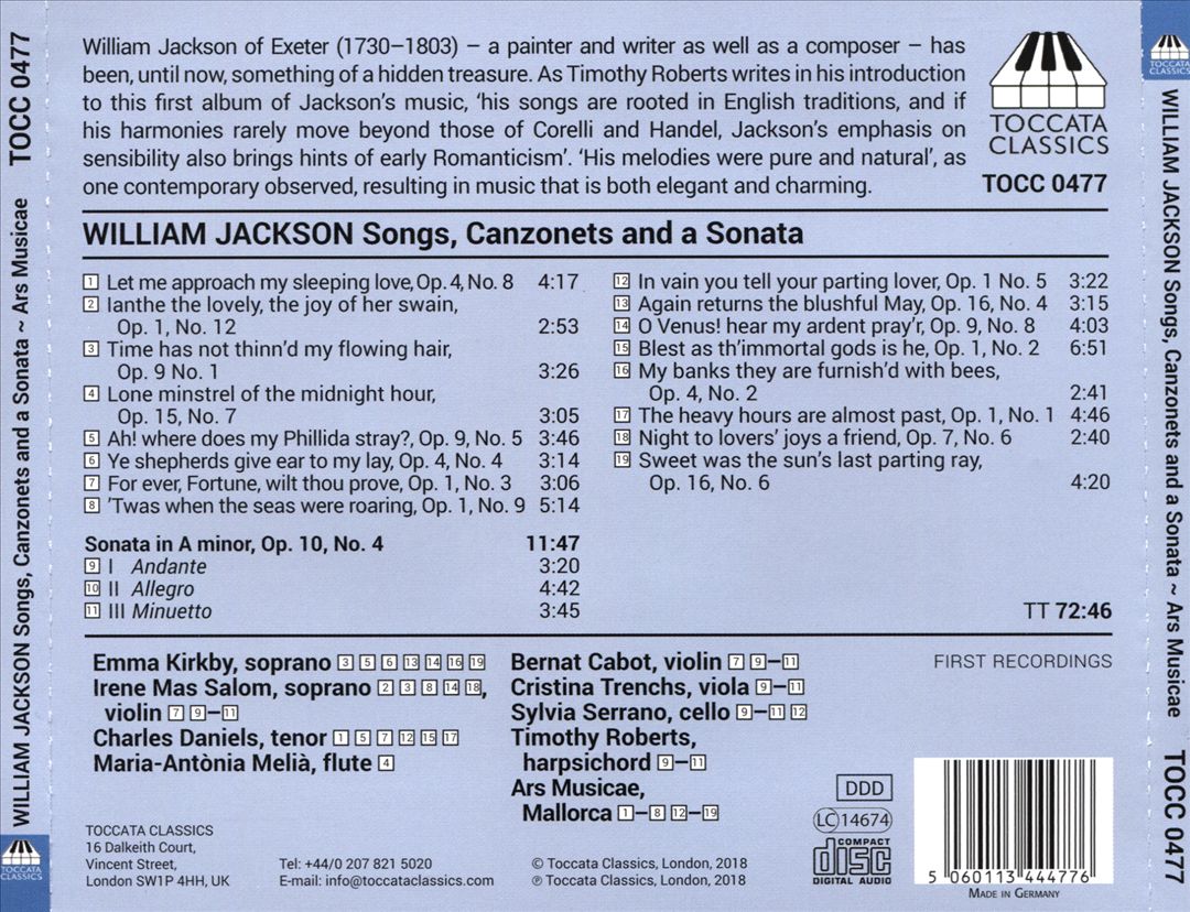 William Jackson of Exeter: Songs, Canzonets and a Sonata cover art