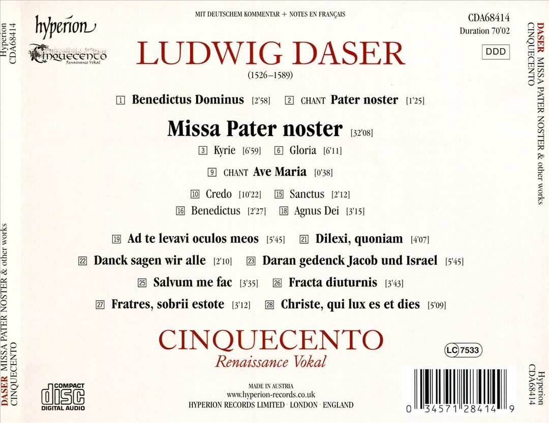 Ludwig Daser: Missa Pater noster & other works cover art