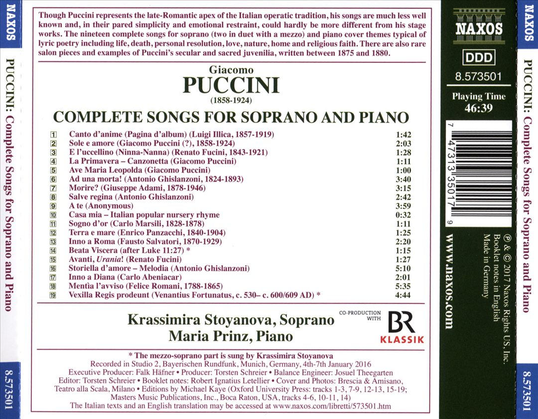 Giacomo Puccini: Complete Songs for Soprano and Piano cover art