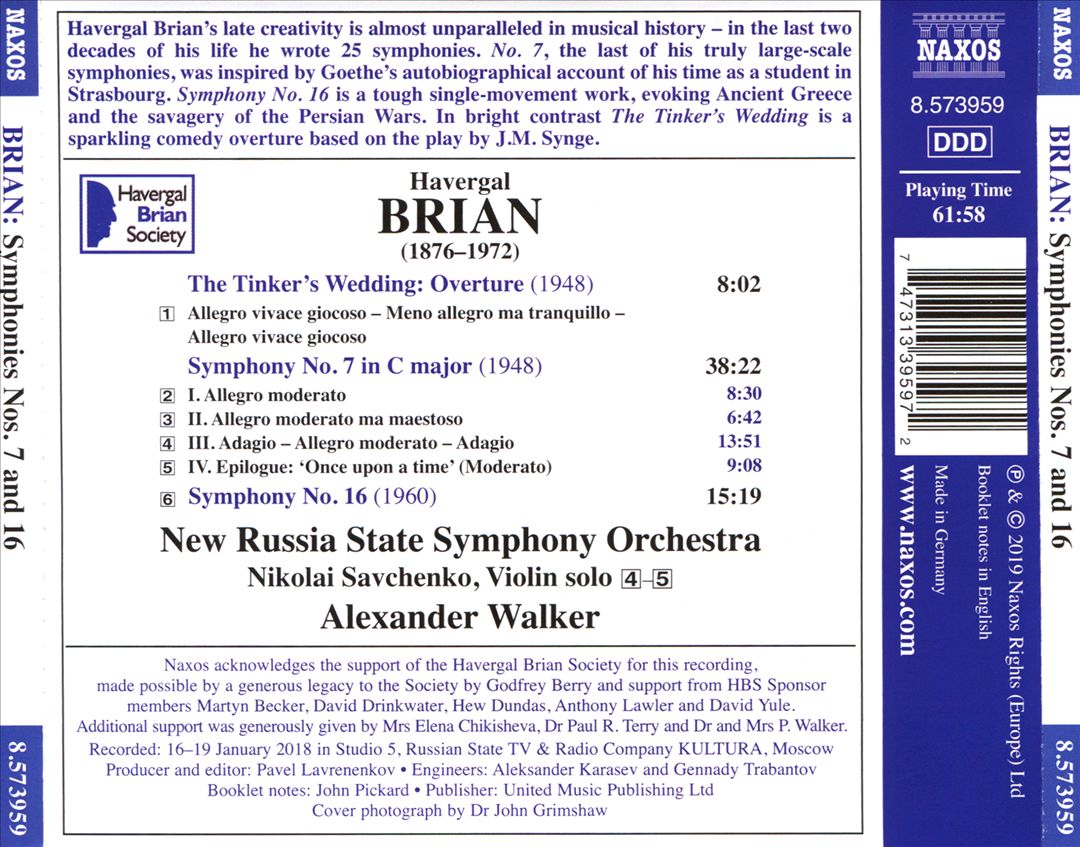 Havergal Brian: Symphonies Nos. 7 and 16; The Tinker's Wedding Overture cover art
