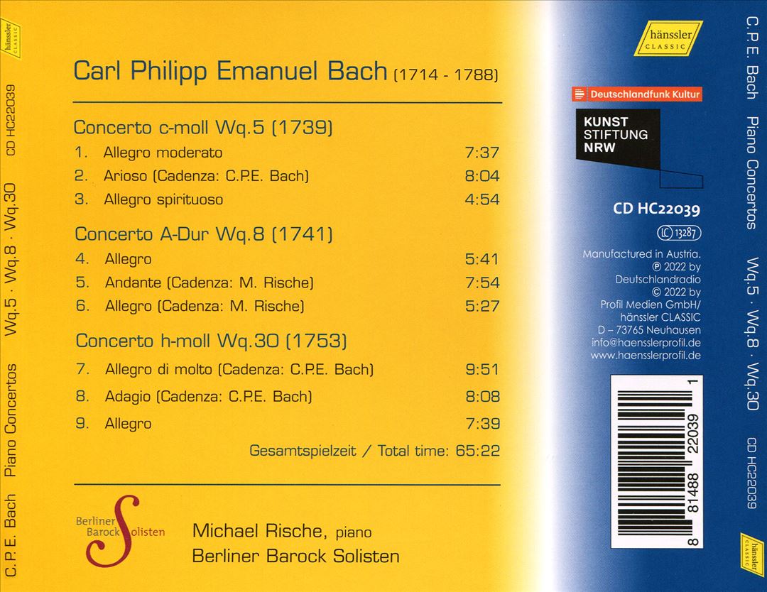 C.P.E. Bach: Piano Concertos Wq.5, Wq.8, Wq.30 cover art