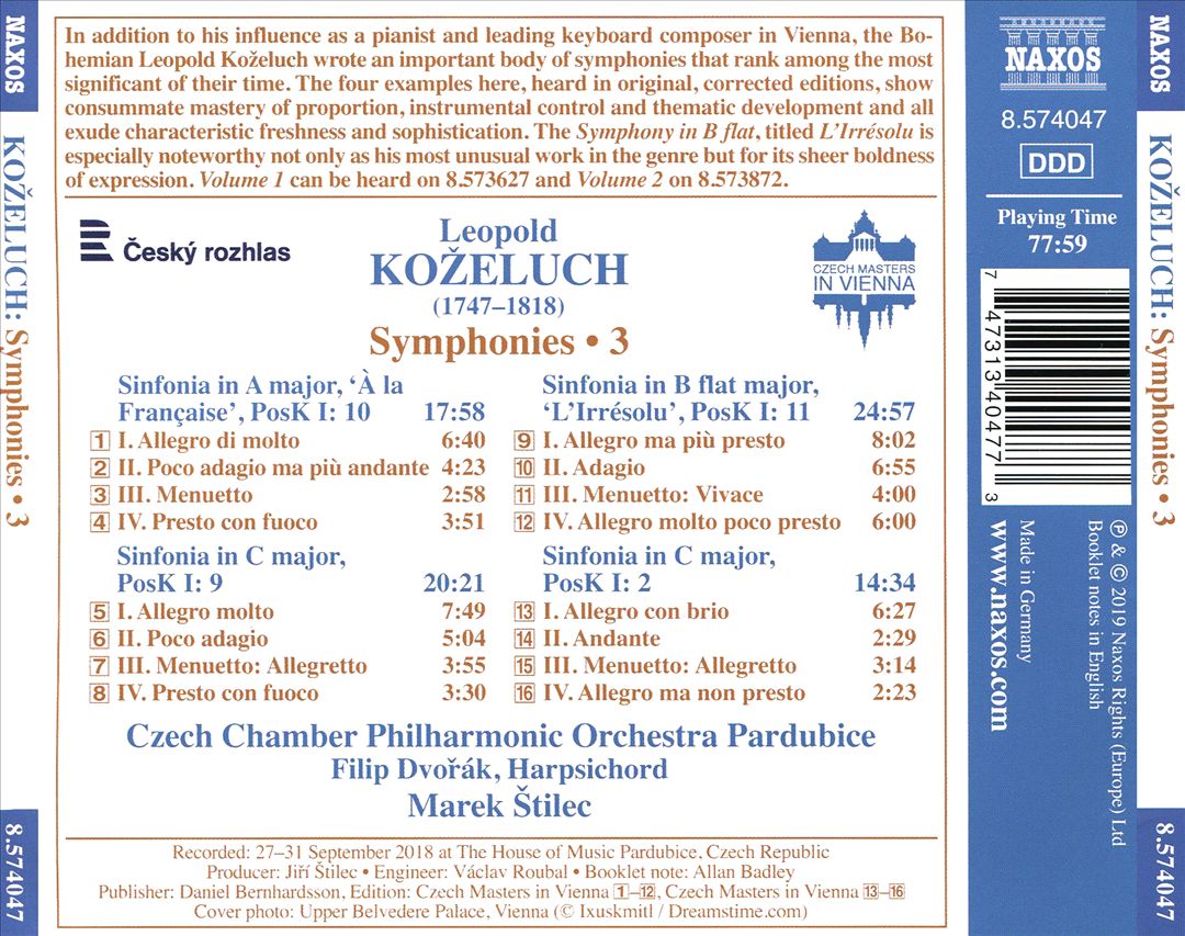 Leopold Koželuch: Symphonies, Vol. 3 cover art