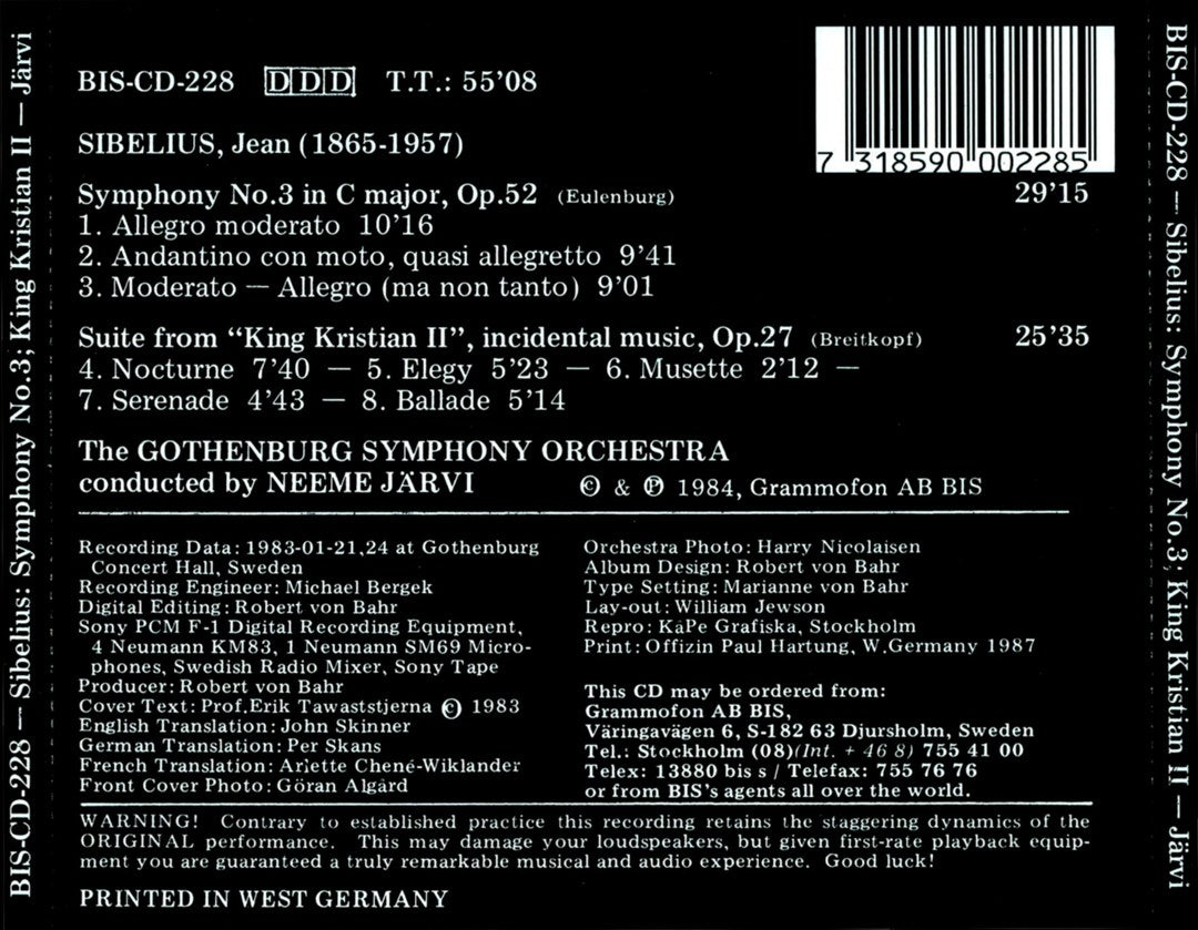 Sibelius: Symphony No. 3; King Kristian II Suite cover art