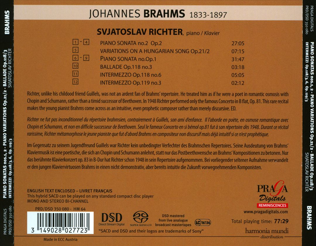 Brahms: Piano Sonatas Opp. 1 & 2; Variations on a Hungarian Song, Op. 21/2; Klavierstücke Opp. 118 & 119 cover art