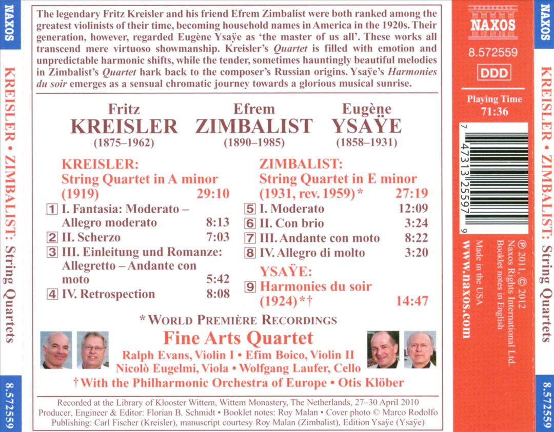 Fritz Kreisler, Efrem Zimbalist: String Quartets; Ysaÿe: Harmonies du soir cover art