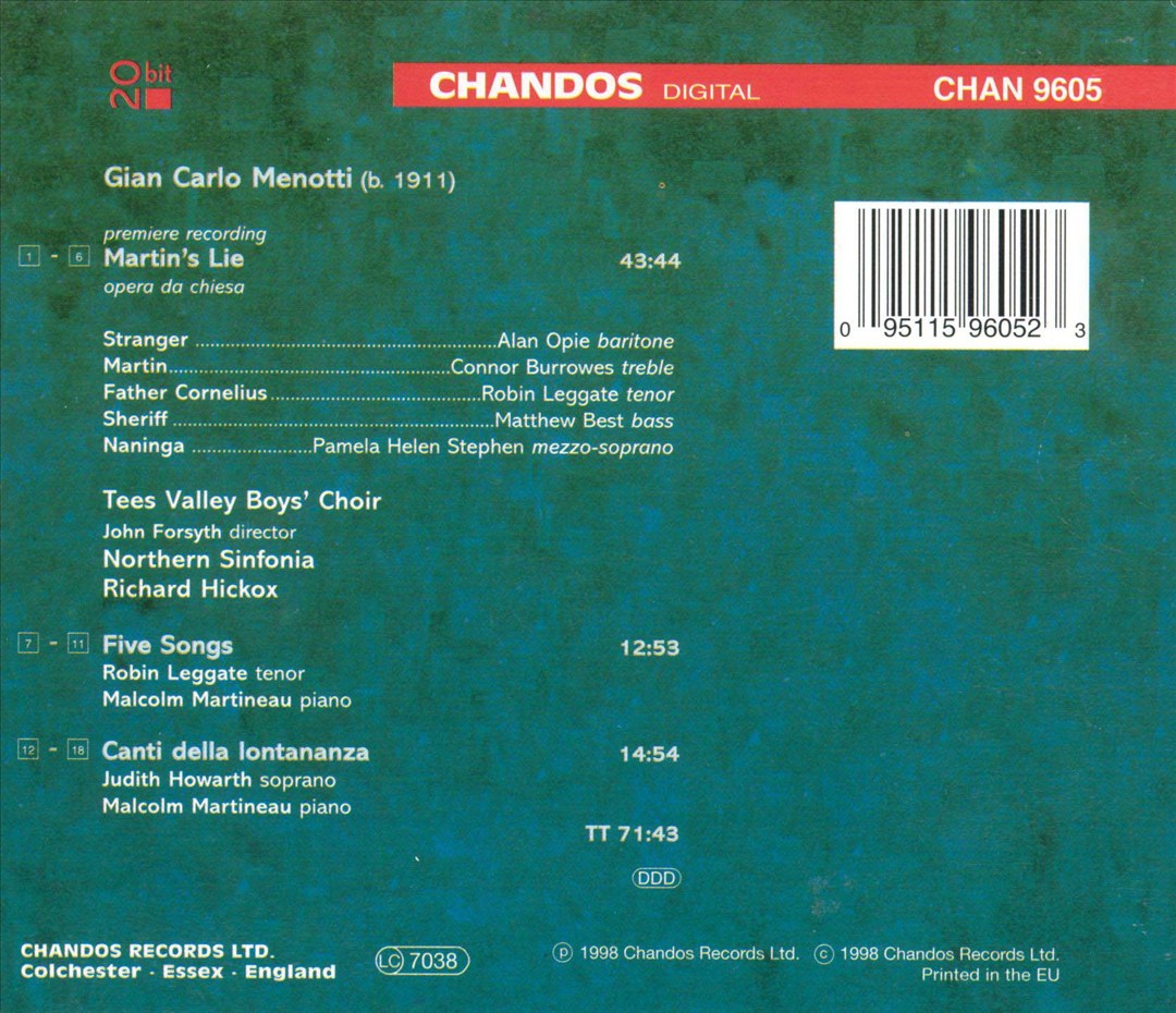 Menotti: Martin's Lie; Five Songs; Canti della Lontananza cover art