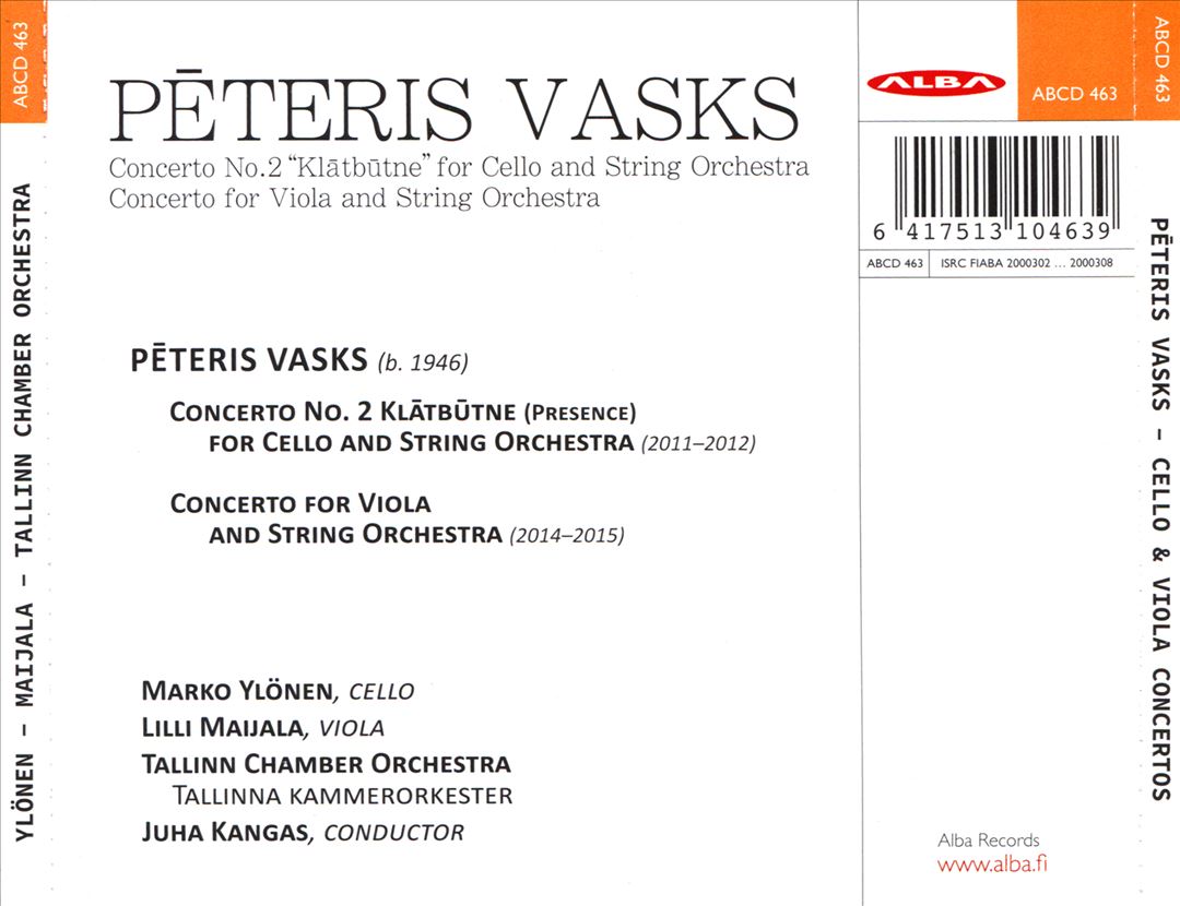 Peteris Vasks: Concerto No. 2 "Klatbutne" for Cello; Concerto for Viola cover art