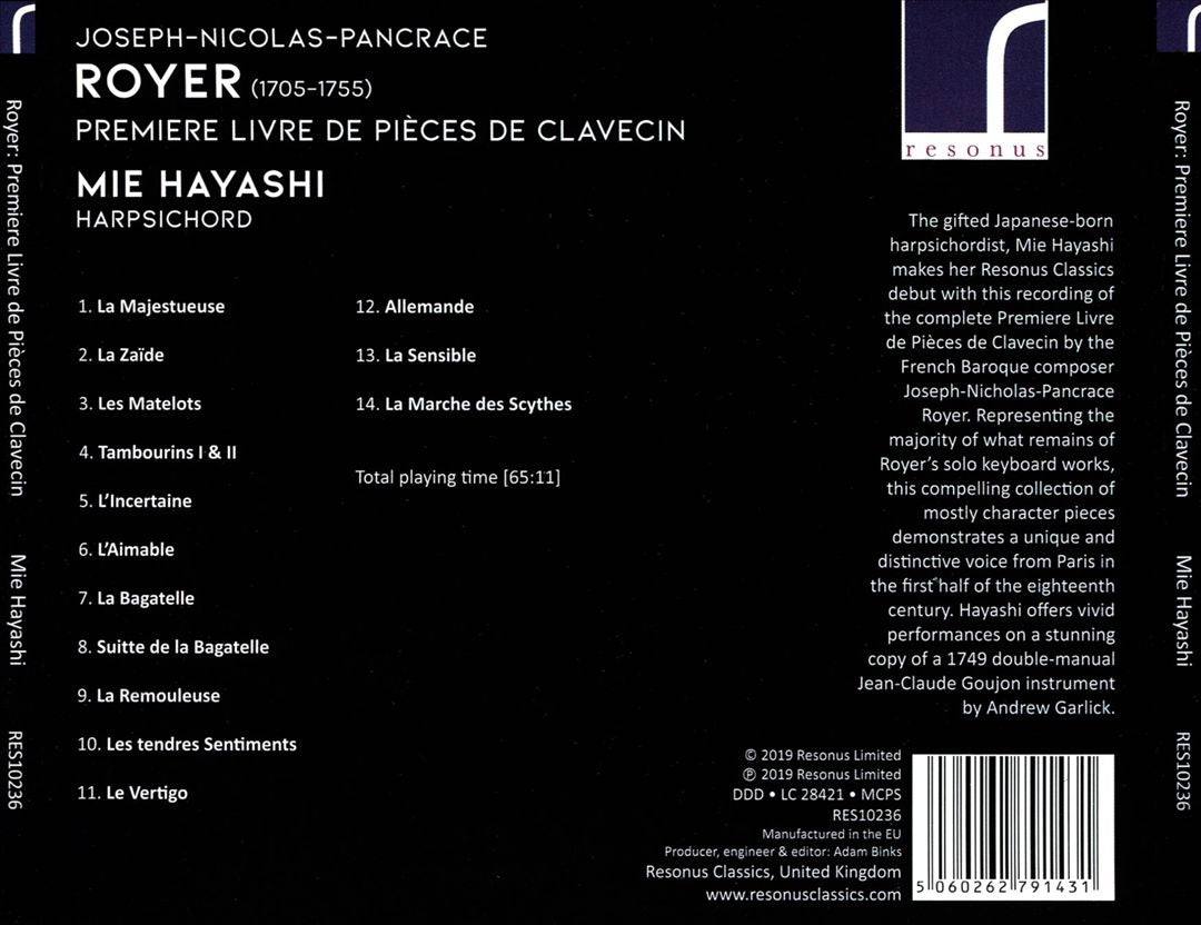 Royer: Premier Livre de Pièces de Clavecin cover art