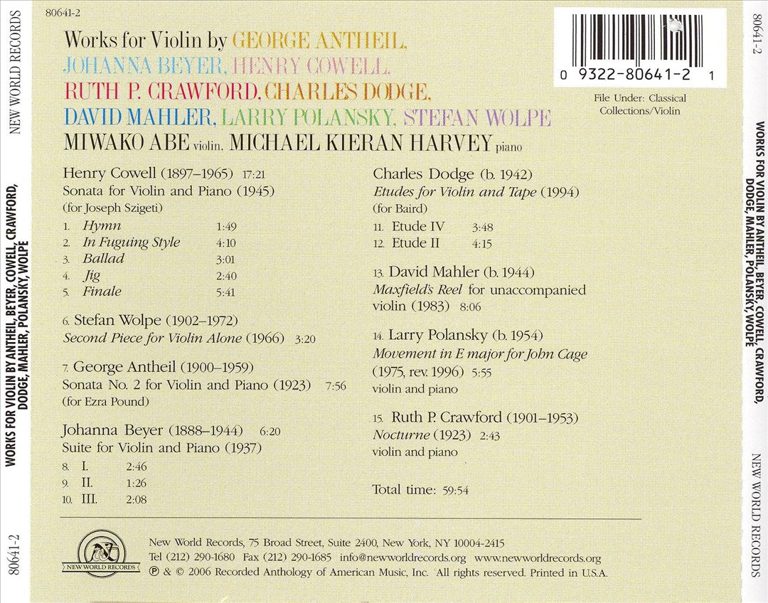Works for Violin by Antheil, Beyer, Cowell, Dodge, Crawford, D. Mahler, Polansky & Wolpe cover art