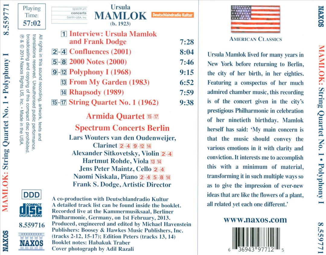 Ursula Mamlok: String Quartet No. 1; Polyphony I cover art