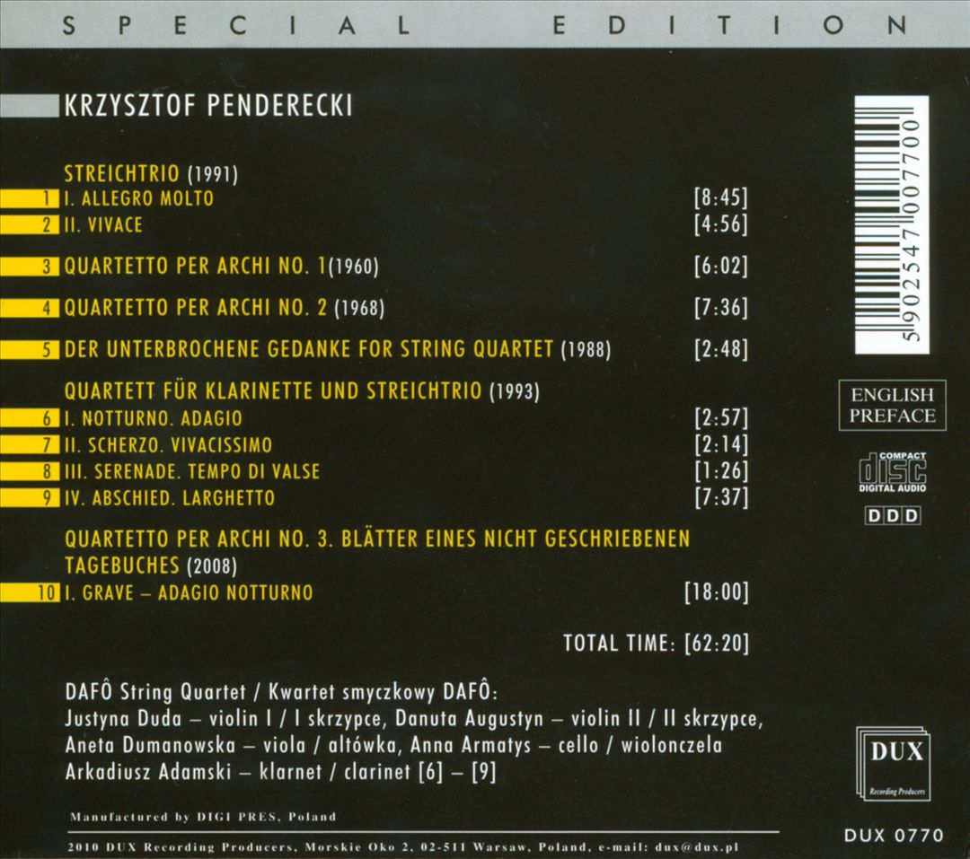 Penderecki: String Quartets; String Trio; Clarinet Quartet cover art