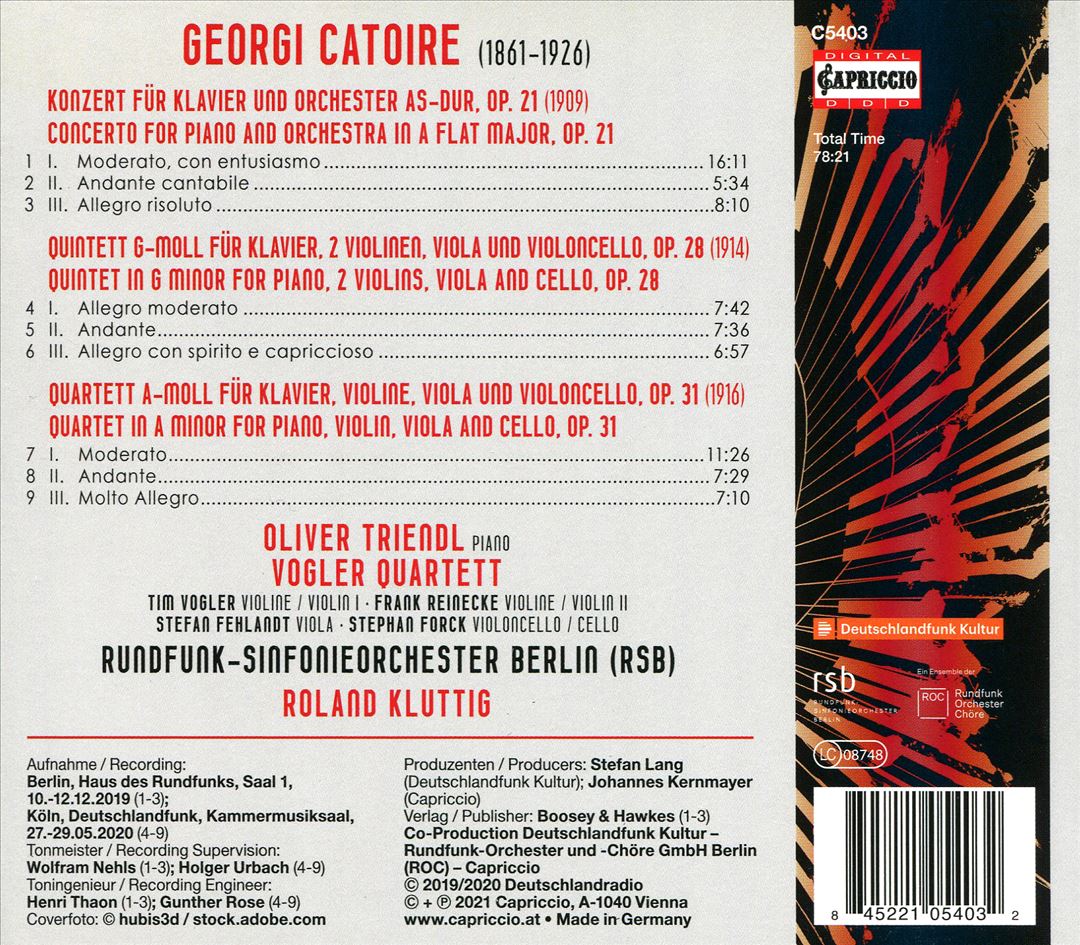 Georgi Catoire: Piano Concerto Op. 21; Piano Quintet Op. 28; Piano Quartet Op. 31 cover art