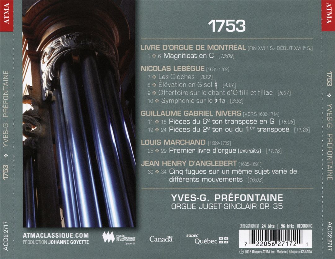 1753: Œuvres du Livre d'orgue de Montréal, Lebègue, Nivers, Marchand, d'Anglebert cover art