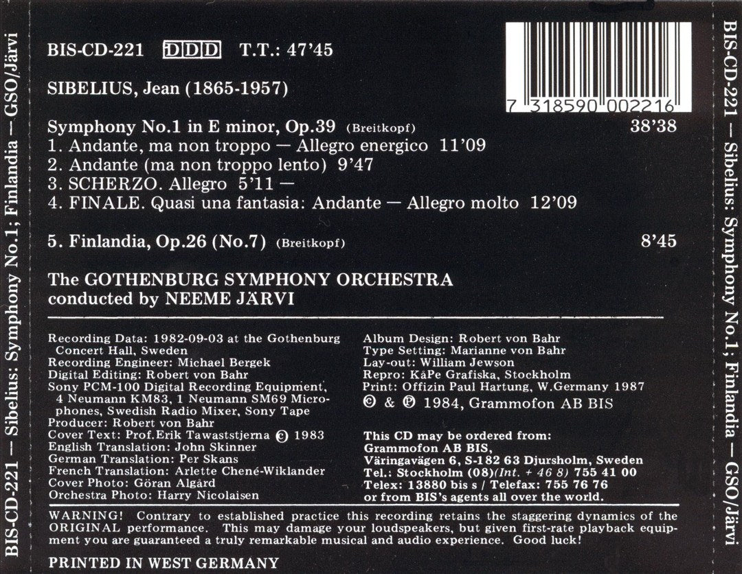 Sibelius: Symphony No. 1; Finlandia cover art