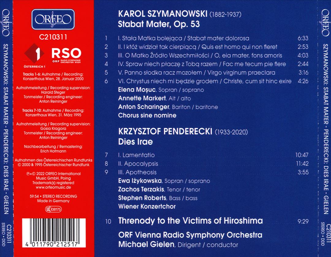 Karol Szymanowski: Stabat Mater; Krzysztof Penderecki: Dies Irae; Threnody to the Victims of Hiroshima cover art