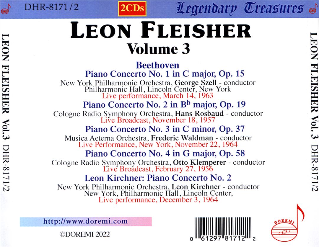 Leon Fleisher Live, Vol. 3: Beethoven: Piano Concertos No. 1, No. 2, No. 3 & No. 4; Kirchner: Piano Concerto No. 2 cover art